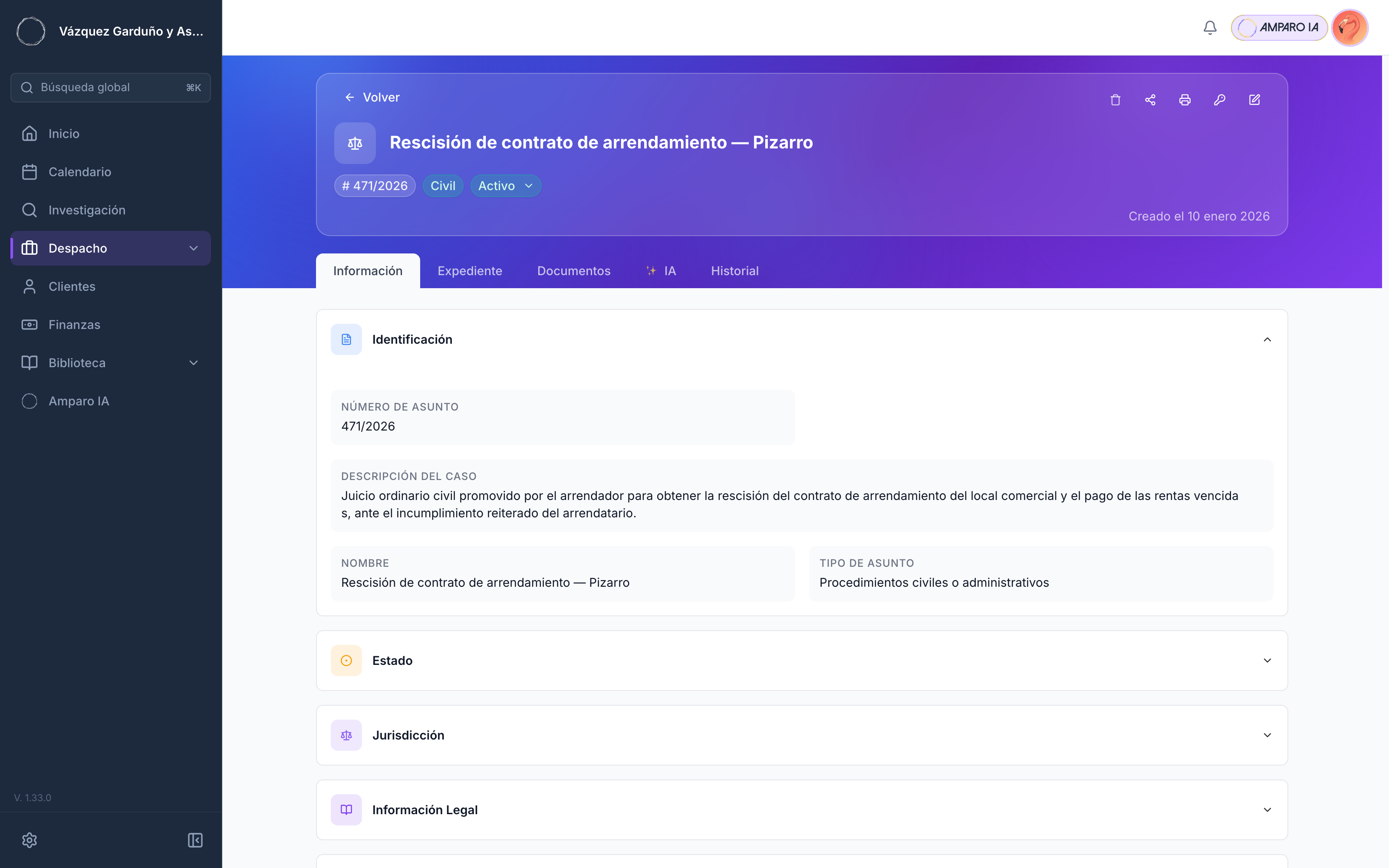 El lector confirma que el asunto queda con su cliente, expediente y equipo ya enlazados en una sola pantalla.