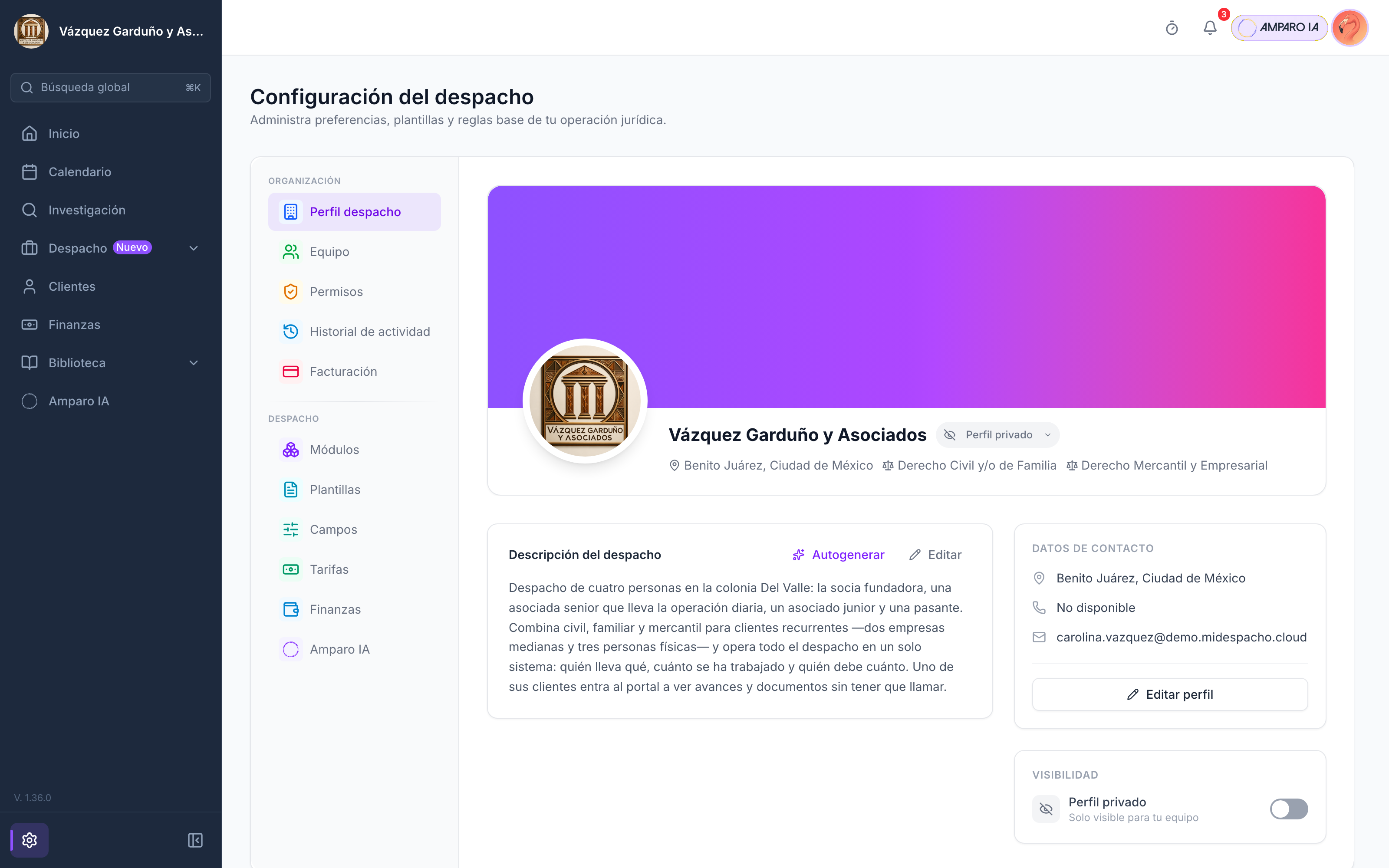 El lector ubica la Configuración del despacho, con el menú de Equipo y otra sección visible.