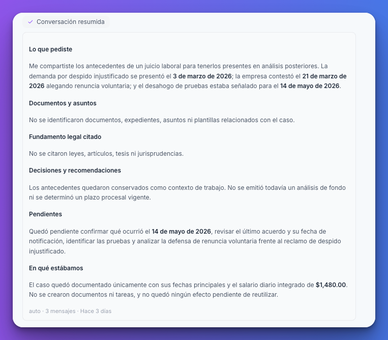 El resumen expandido muestra en lenguaje claro el encargo, los hallazgos, las decisiones y los pendientes de la conversación.