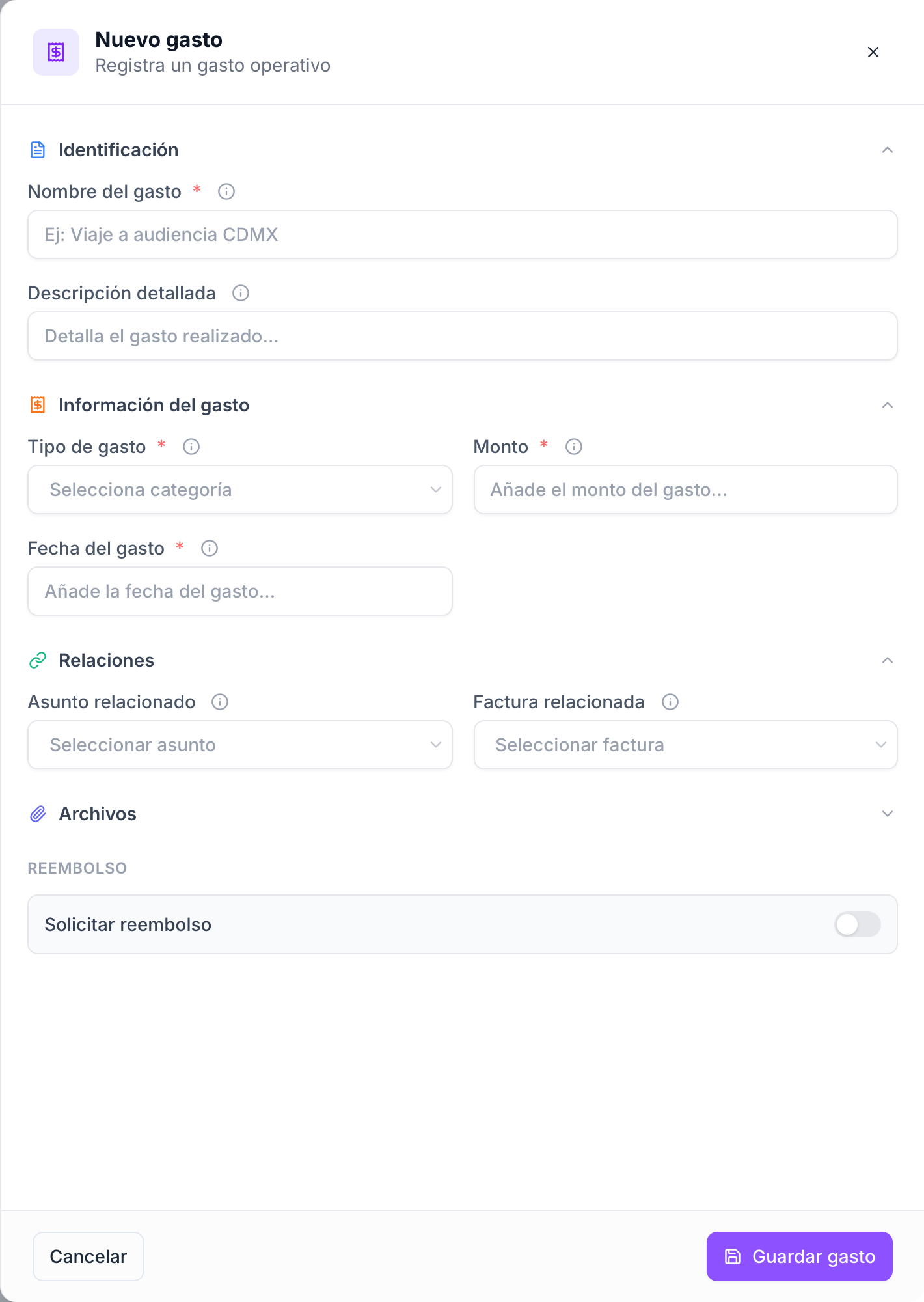 El mismo formulario sirve para un gasto de operación y para una solicitud de reembolso; lo que las separa es el interruptor.