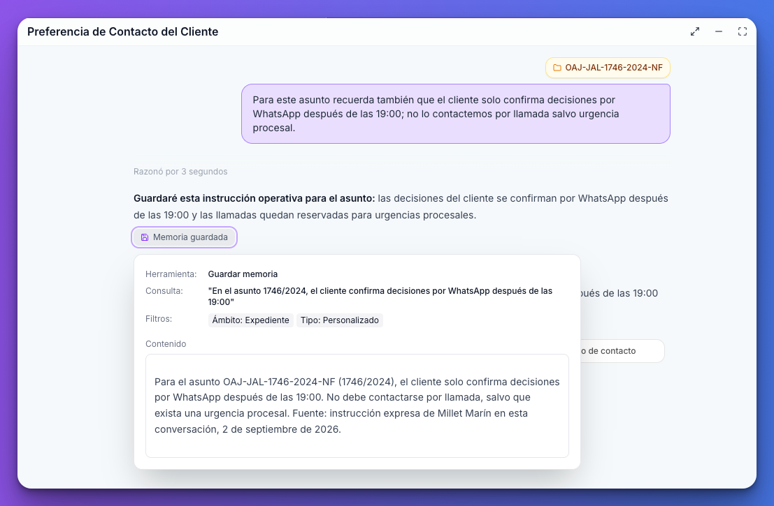 Amparo confirma que guardará como memoria la preferencia de contactar por WhatsApp después de las 19:00 dentro de un asunto.
