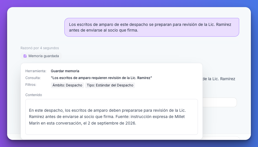 Amparo confirma que guardará como memoria la regla del despacho para revisar los escritos antes de enviarlos al socio.