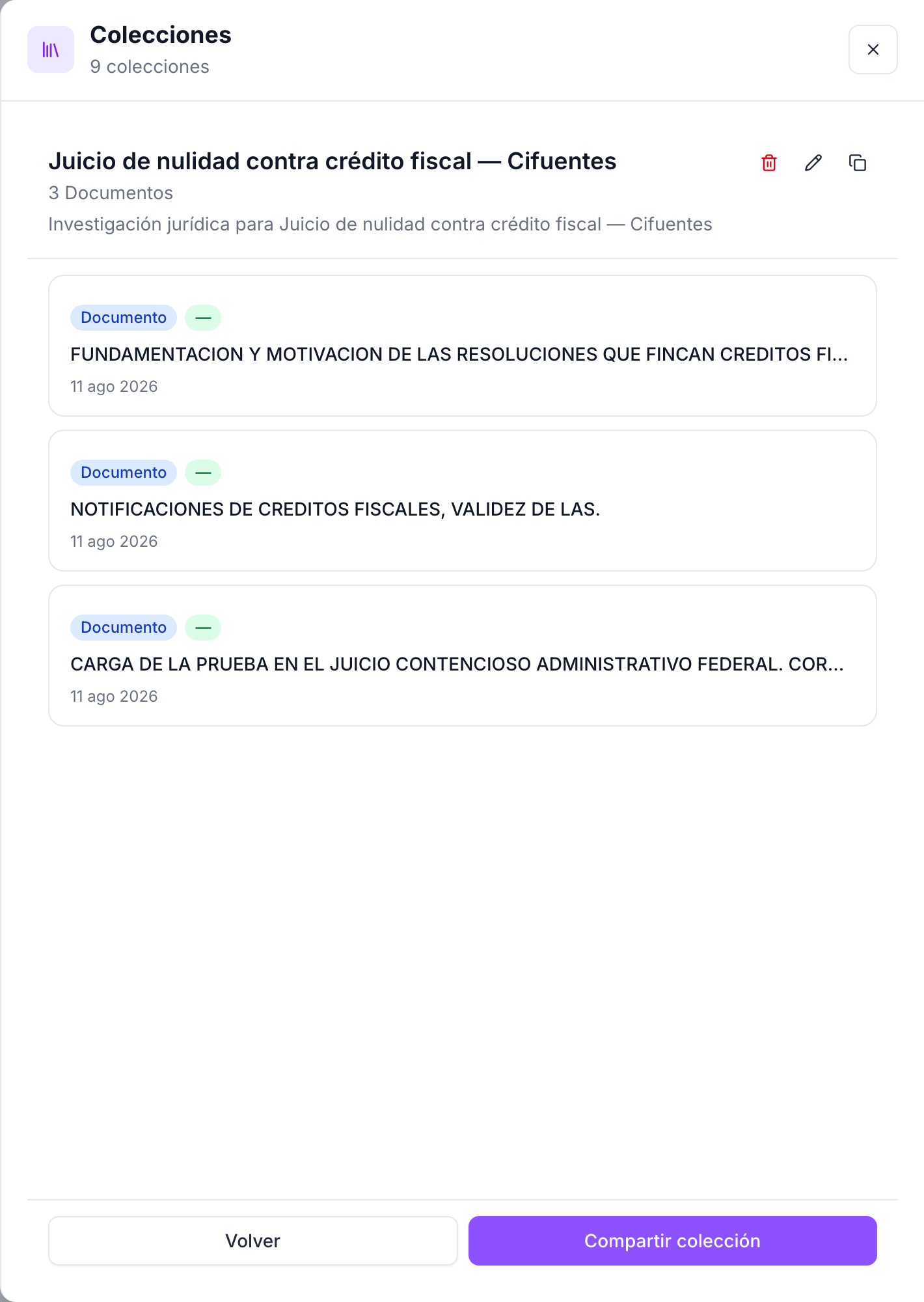 El lector ve cómo luce una colección de investigación ligada a un asunto, con varias fichas guardadas dentro, antes de leer el modelo de espacios.
