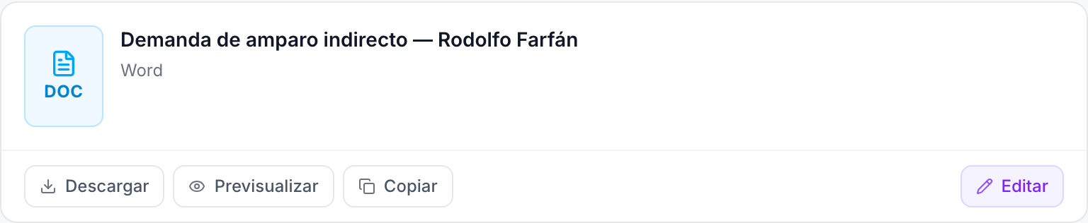 El lector ve que el resultado final aparece como un bloque de documento dentro de la misma conversación, listo para descargar o editar, sin salir del hilo.