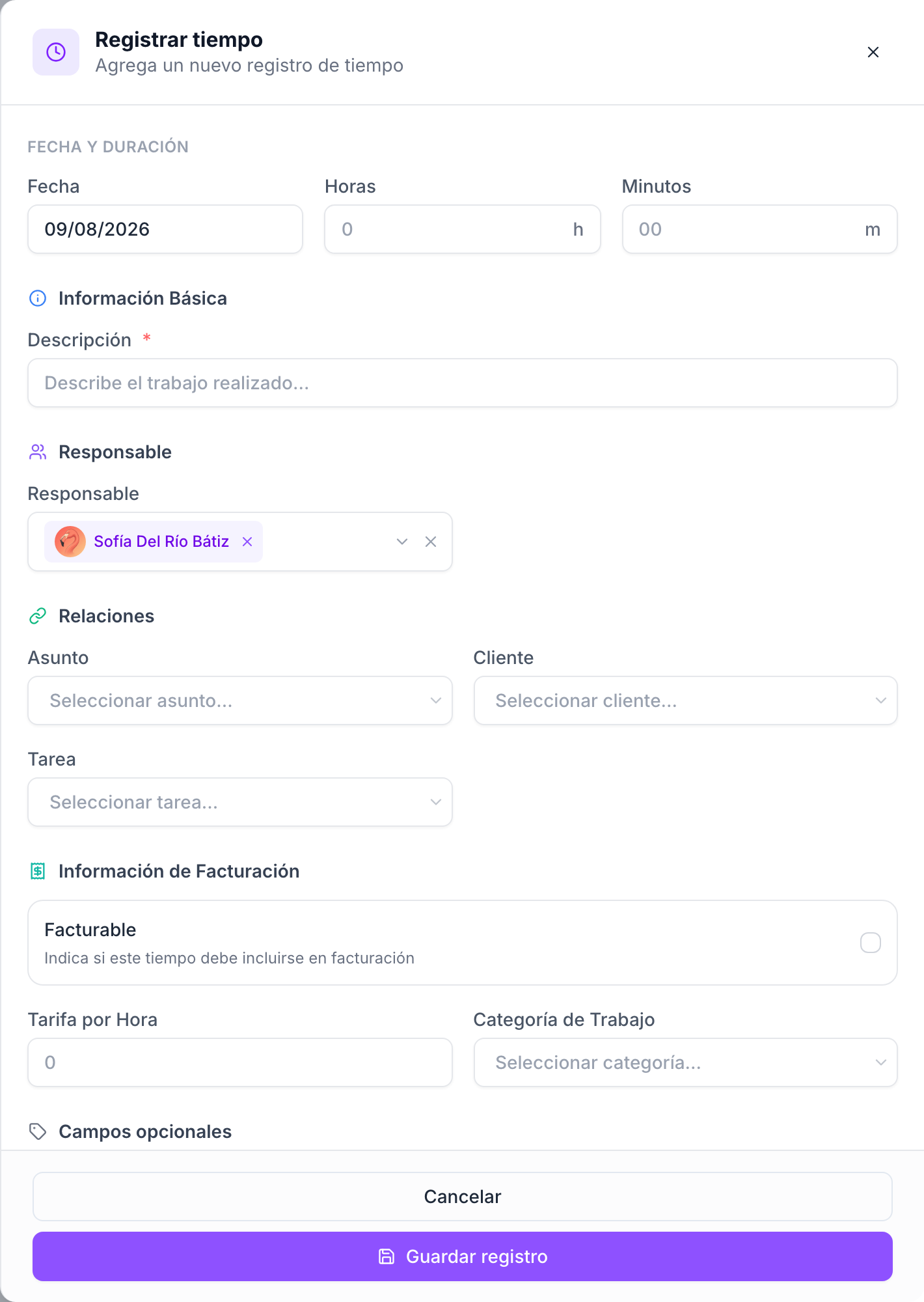 Capturar a mano pide fecha, duración y descripción, y en el mismo panel se elige a qué se carga y si es facturable.