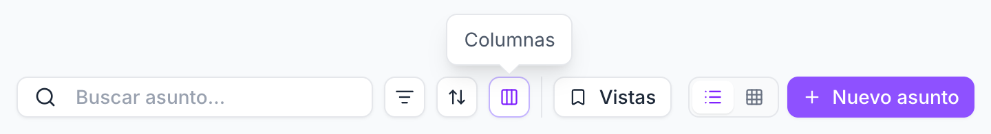 Barra de la lista de asuntos: el buscador, los iconos Filtros, Ordenar y Columnas, el botón Vistas y, a la derecha, Nuevo asunto.