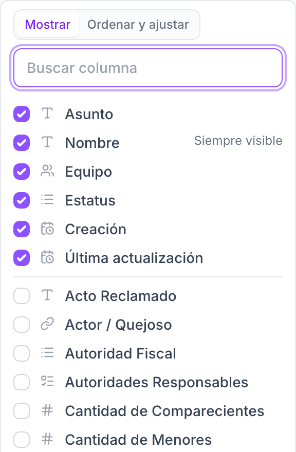 Menú Columnas en Mostrar: la lista de columnas con sus casillas, Nombre marcada como Siempre visible y, debajo de las seis de siempre, los campos de las plantillas sin marcar.